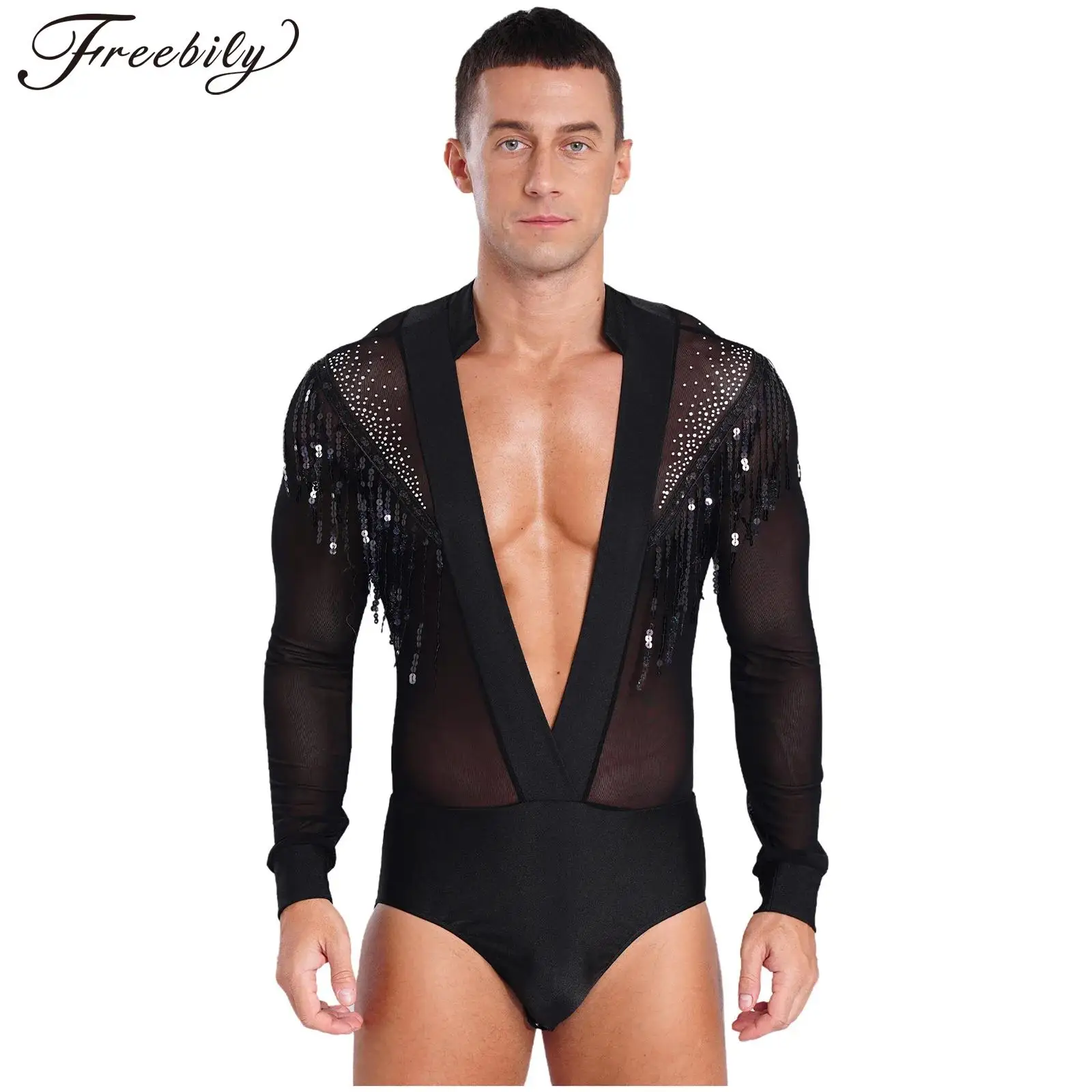 Men's V Neck Latin Modern Dance Leotard Shiny Rhinestone Jazz Rumba Chacha Ballroom Shirts Bodysuits Samba Salsa Tango Jumpsuit Dance Shirts Dance Bodysuit
