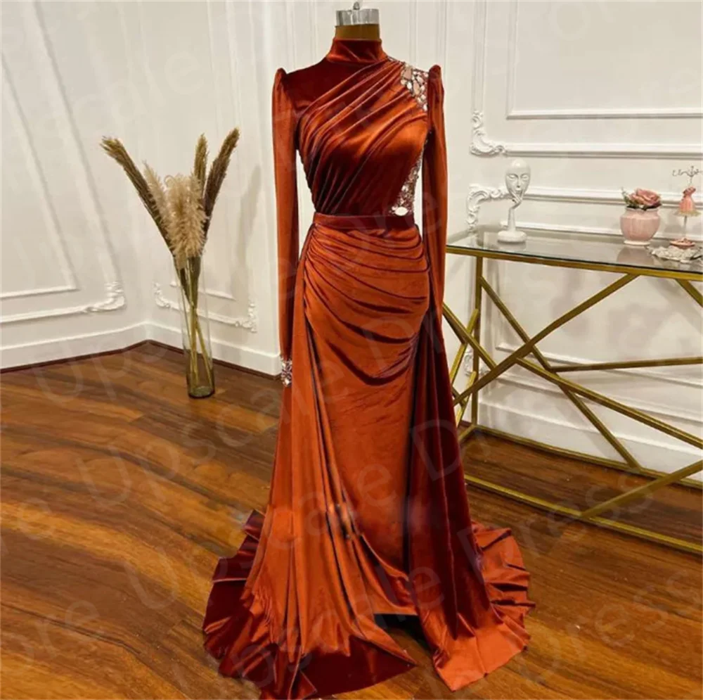 

2024 Orange Velvet Evening Dresses Detachable Train Bead Ruched Formal Gown High Collar Arabic Dubai Muslim Vestidos Para Mujer