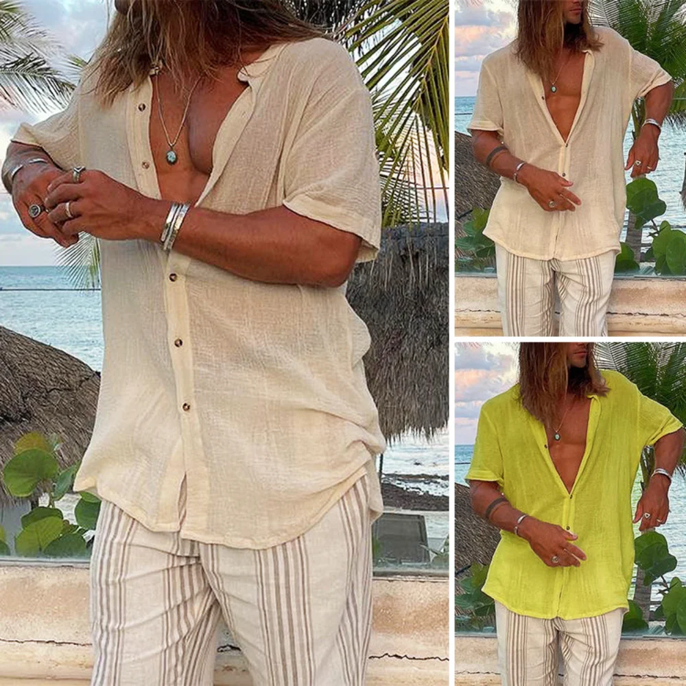 

2023 New Men's Shirts Solid Color Cotton Linen Standing Collar Short Sleeved Shirt Beach Loose Fitting Shirt Cardigan Summer