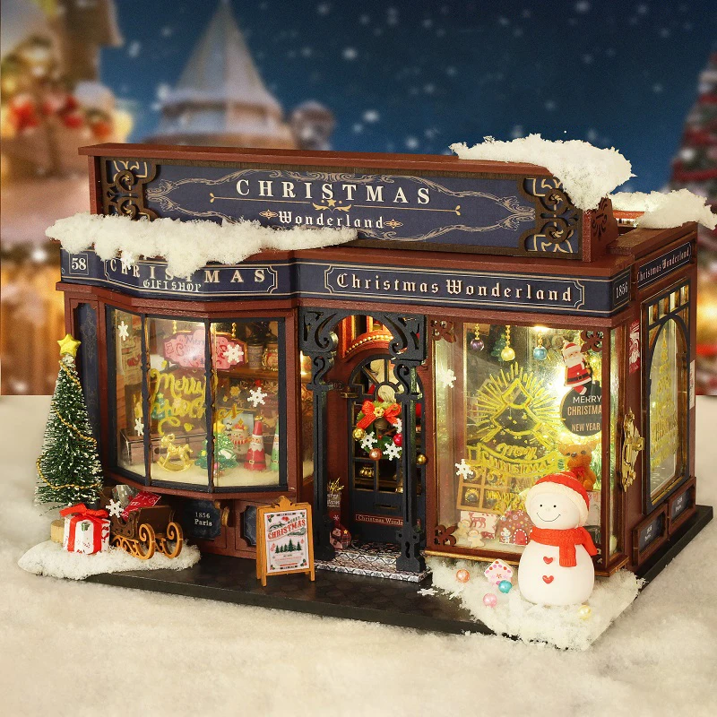DIY Wooden Miniature Model Kit Christmas Wonderland Cottage Casa Doll Houses 3D Puzzle Dollhouse With Furniture for Friends Gift 2