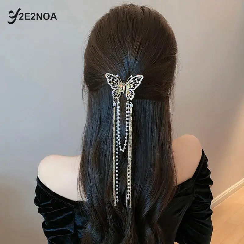 Pearl Tassel Butterfly Hair Claw Vintage Long Pendant Hair Clips Crab Barrette Headband Hairpin Elegant Hair Accessories