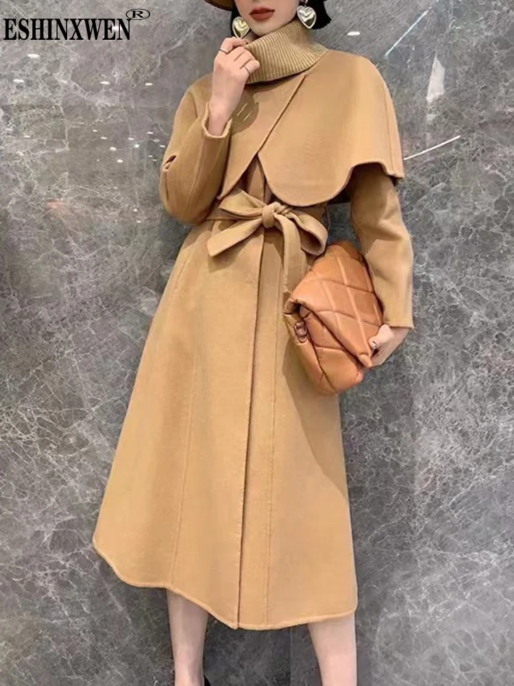 

Eshin 2023 Autumn New High End Removable Shawl Woolen Coat Women Long Sleeves Belt Gathered Waist Solid Clothes TH4830