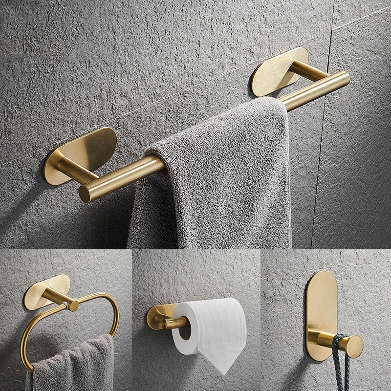 S5f8fbcdc27a44eaca14a4915fda82bf9i No Drilling Stainless Steel Self-adhesive Towel Bar Paper Holder Robe Hook Towel Ring Black Silver Gold Bathroom Accessories Set