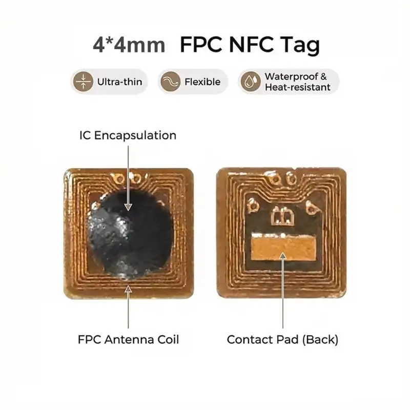프로그래밍 가능한 4*4mm 마이크로 FPC NFC RFID 태그 스티커 Ntag213 1mm 판독 범위, 출입 통제 및 공급망 관리용