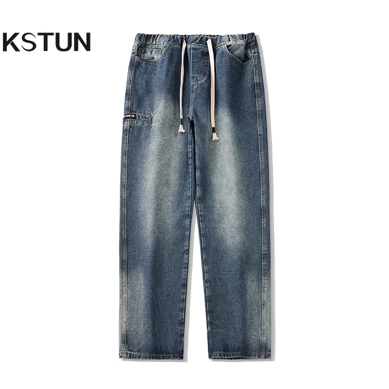 

Baggy Pants Men Jeans Wide Leg Trousers For Men Streetwear Side Patched Elastic Waist Drawstring Men's Clothing Hip Hop Korean