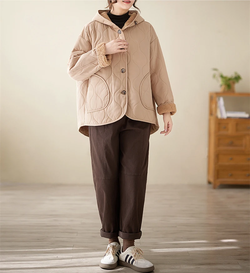 Cotton Women Winter Warm Vintage Single Breasted Coat Casual Loose Hooded Solid Color Elegant Lady New Fashion Jacket Outerwear