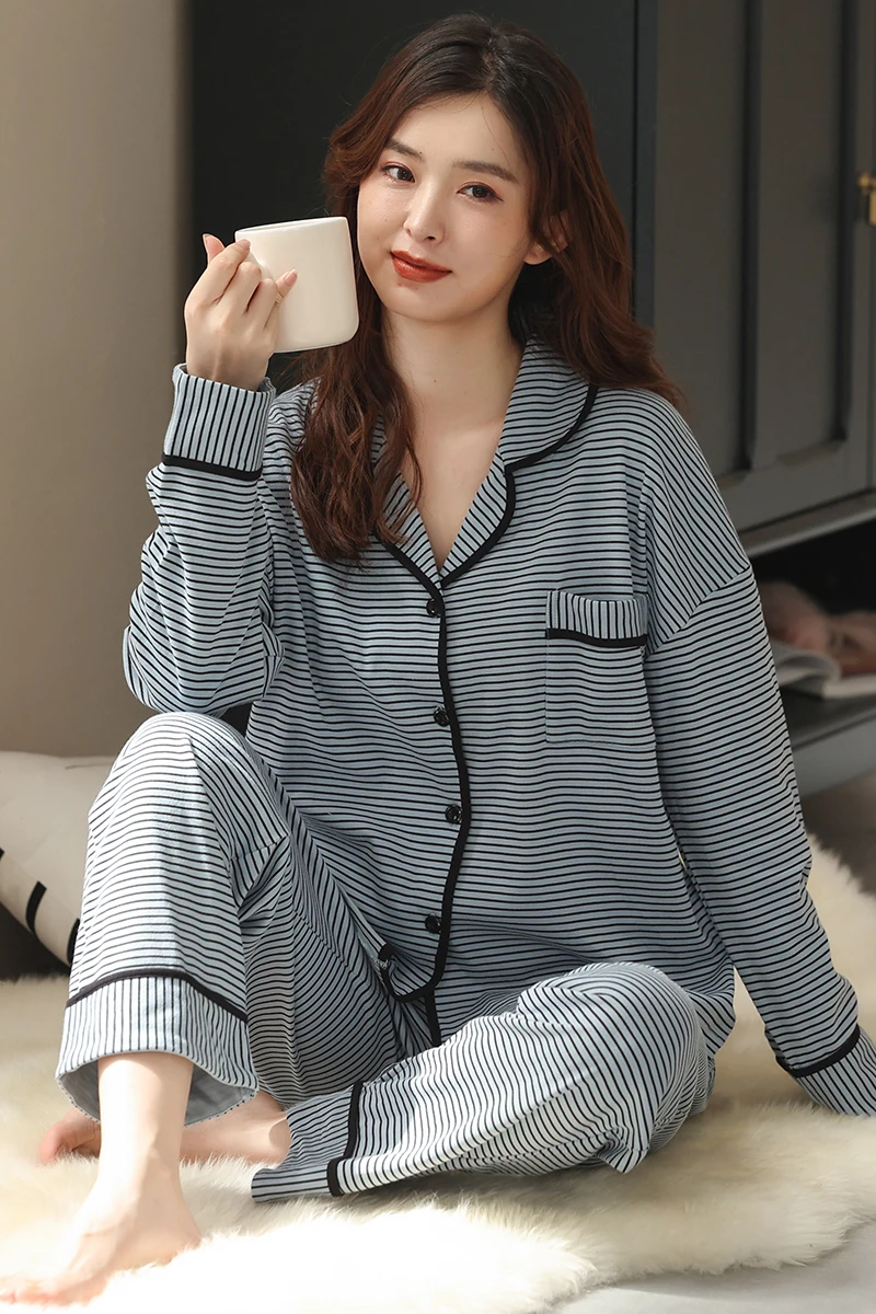 Spring large knitted cotton cardigan small lapel front button striped pajamas women's casual women's double length home clothes