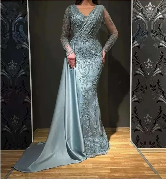 BABYONLINE Elegant Evening Dress V-Neckline Full Sleeve Satin Skirt Tail Special Occasion Gown Formal Party Ball Clotehs
