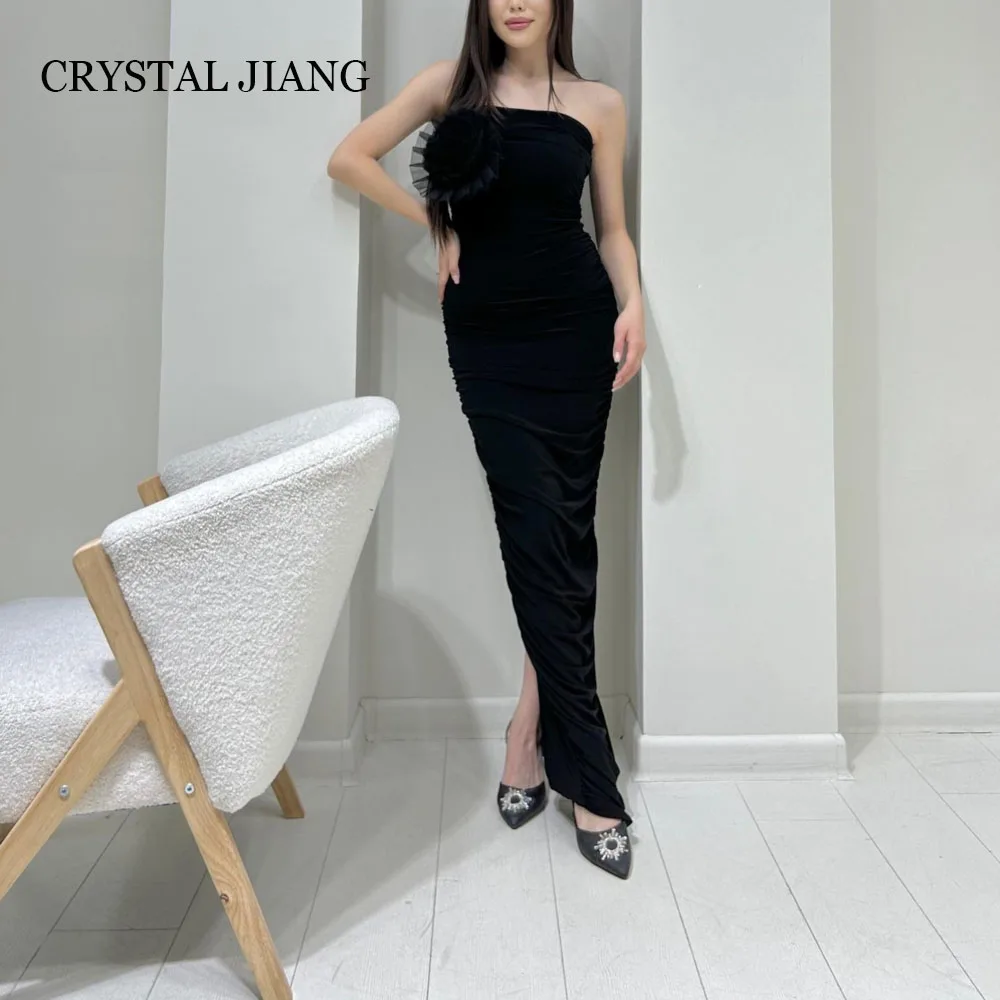 

Sexy Long Black Strapless Spandex Evening Dresses Sleeveless with Handmade Flowers Mermaid Slit Ankle Length Vestido Festa