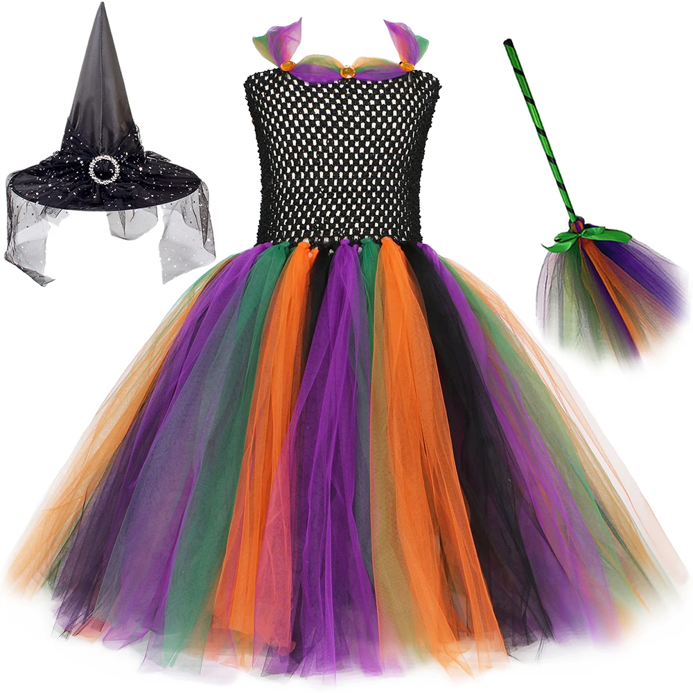 

Костюм ведьмы на Хэллоуин для детей, косплей для девочек, маскарадное платье-пачка, готическая одежда, шапка, метла, Детские карнавальные фатиновые платья