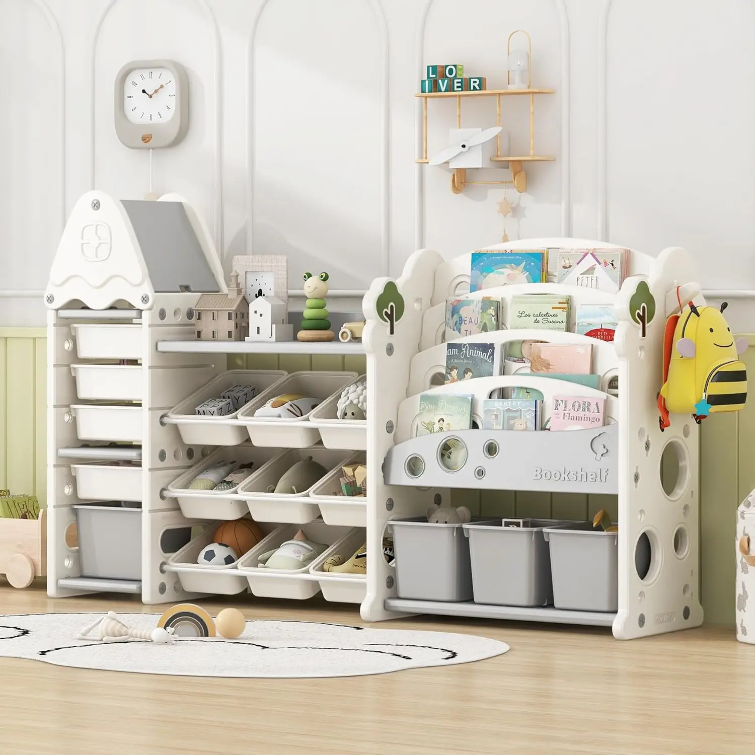 Toy Storage Organizer with Kids Bookshelf, Toy Organizer with 17 Bins and 5-Tier Bookshelf for Kids Bedroom Playroom 2