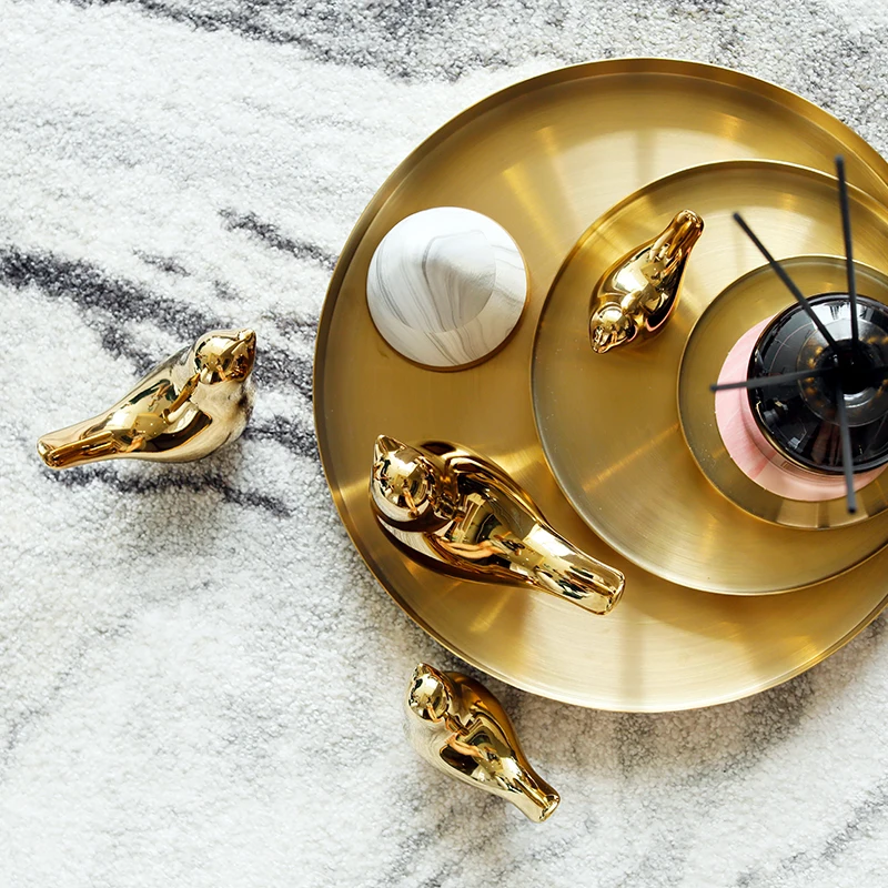 Home Decor Golden Storage Tray Round Jewelry Desktop Display Plate Retro Kitchen Dinner Scissors Organizer |