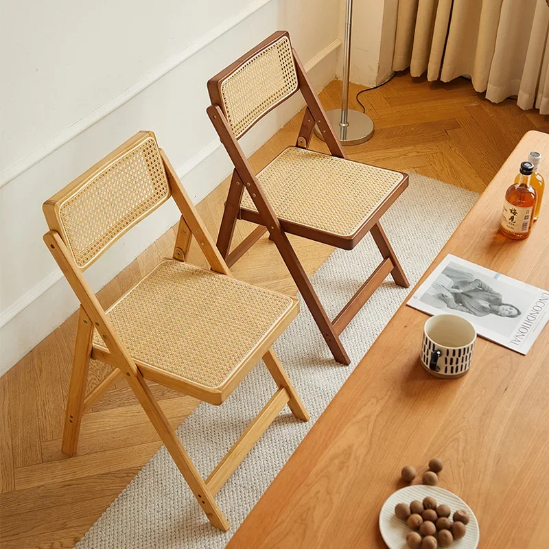 Dining Chair Folding Rattan Household Nanzhu Solid Wood Stool Backrest Dining Chair Sillas Para Comedor Scandinavian Furniture