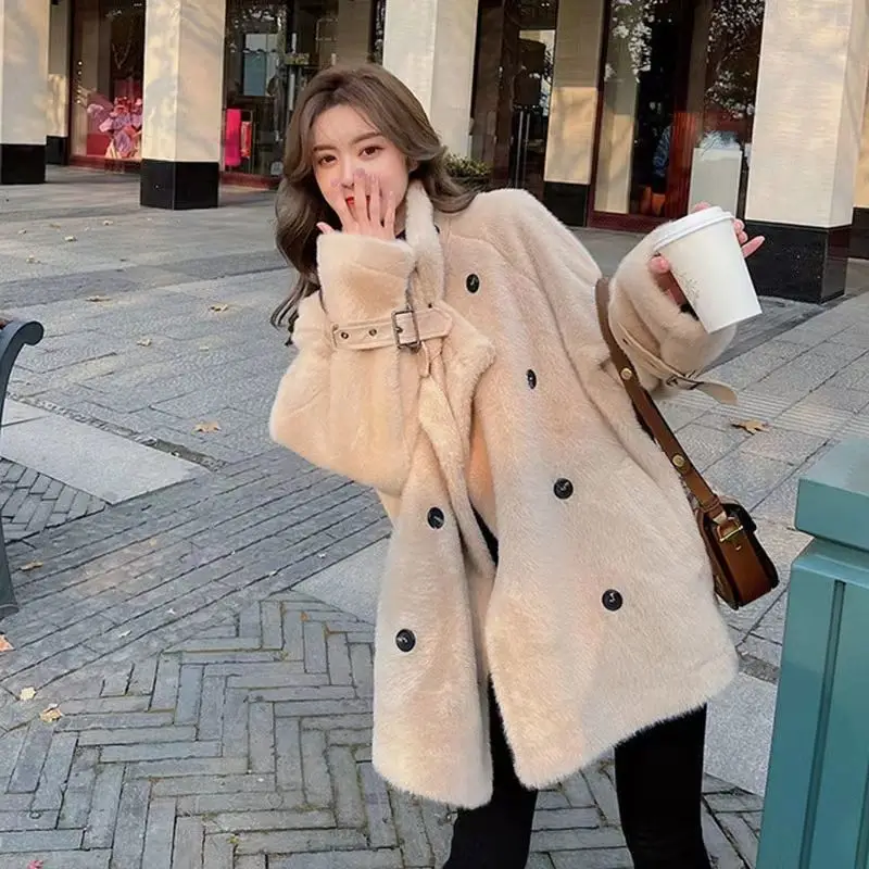 2023 New Women Winter Faux Mink Cashmere Fur Coat Mid-length Loose Overcoat Thicken Warm Jacket Commuting simple Outwear
