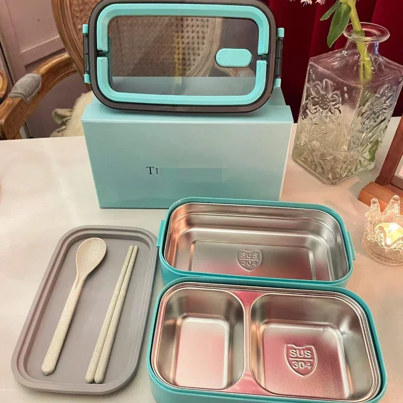 

Classic Sky Blue Stainless Steel Double Layer Insulated Lunch Box Lunch Box Student Bento Box Divided Lunch Set