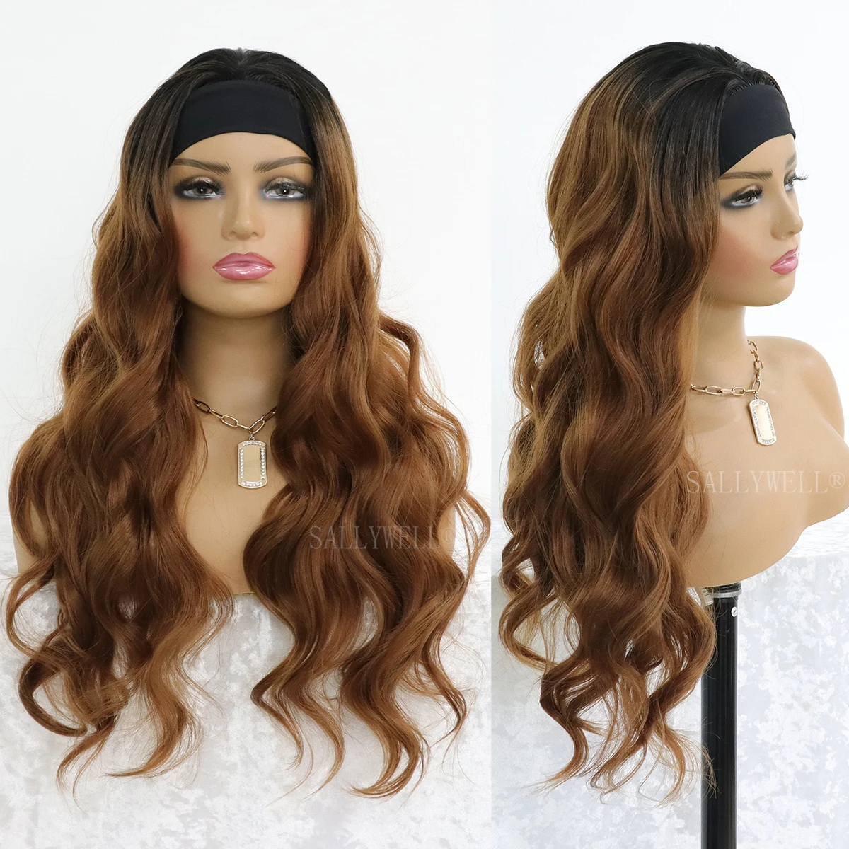 

Brown Headband Wig Long Wavy Synthetic Wigs for Women Ombre Brown Loose Wave Wig Heat Resistant Natural Looking Wavy Wig