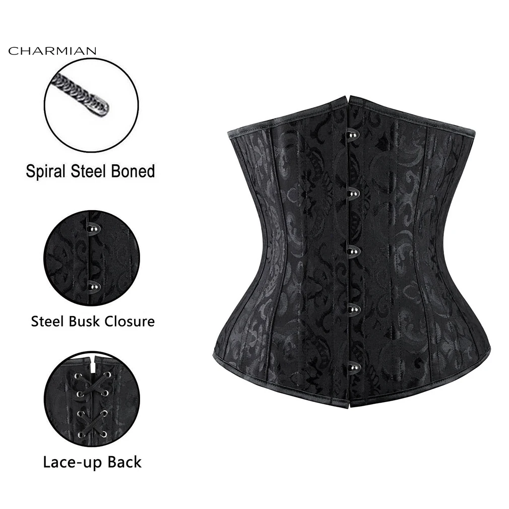 Charmian Black Corset Waist Trainer Women Double Heavy Steel Boned Brocade Shapewear Short Torso Underbust Corset Waist Cincher
