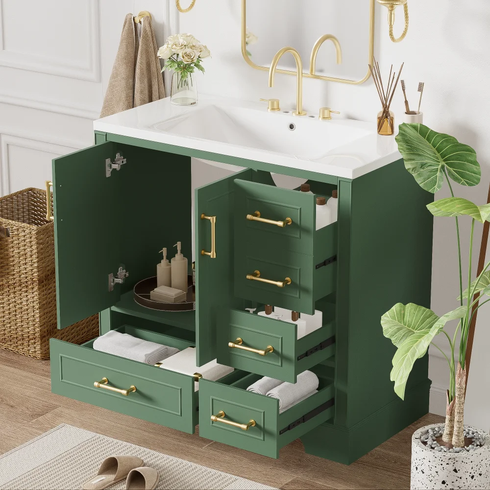 36 Inch Traditional Bathroom Vanity with Resin Sink Combo Set, Blue Bathroom Cabinet with Two Doors and Four Drawers 3