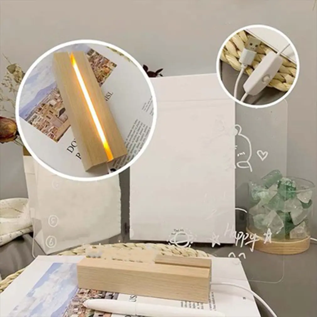 Hot Creative Transparent USB Acrylic Daily Note Board Message Memo Board With Wood Stand Holder LED Lamp Writing Pad Reminder