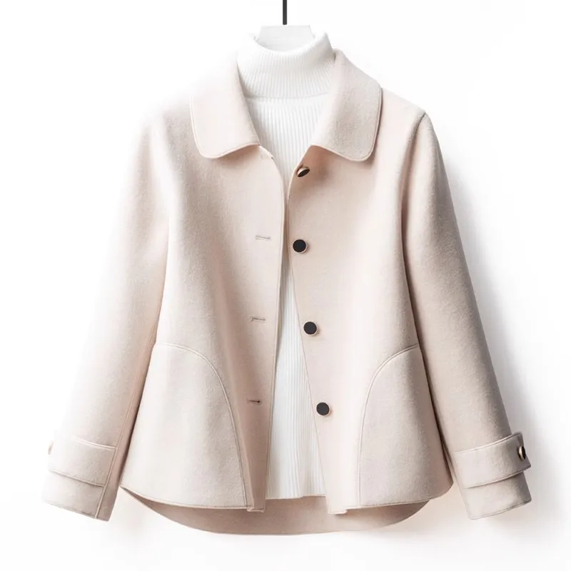 가을에 어울리는 중간 길이 울 코트 with 턴다운 칼라와 벨트, 여성용 모직 아웃웨어 9 여성용 양면 울 코트, 인형 칼라 짧은 모직 코트, 블랙 카디건 아우터, 가을 겨울 신상