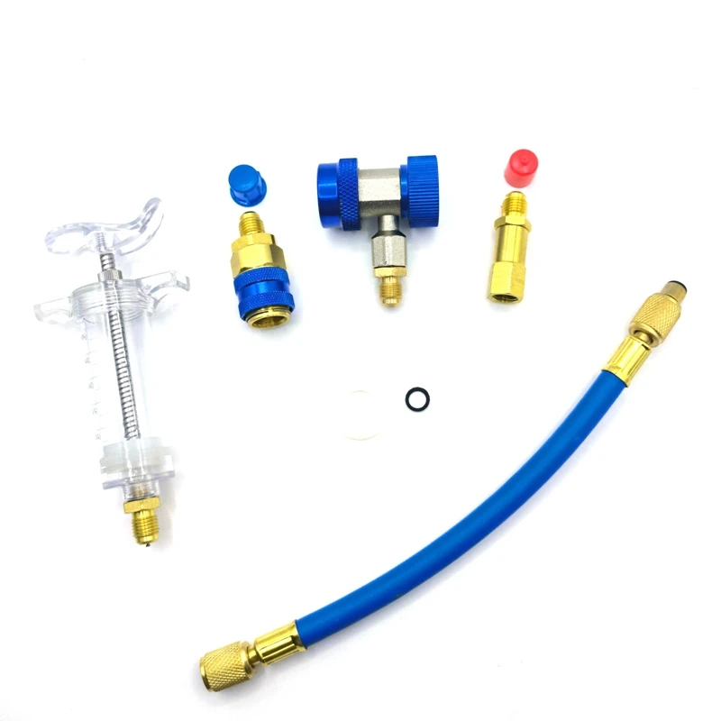 AC Oil Injector Auto A/C 1Oz with 134a Low Side Quick Coupler Adapter 1/4 Air Conditioning Repair Tools Manual Oiler Injection