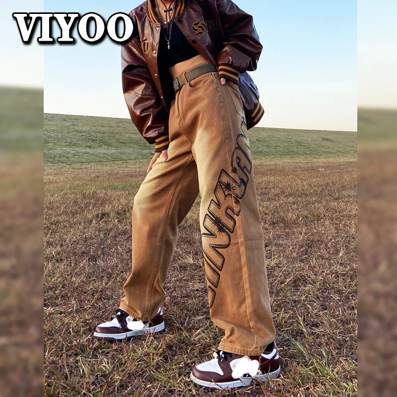 

Women's Brown Y2K Clothes Printed Jeans Men Baggy Oversized Brand Denim Straight Trousers Wide Leg Pant Streetwear Y2K For Women