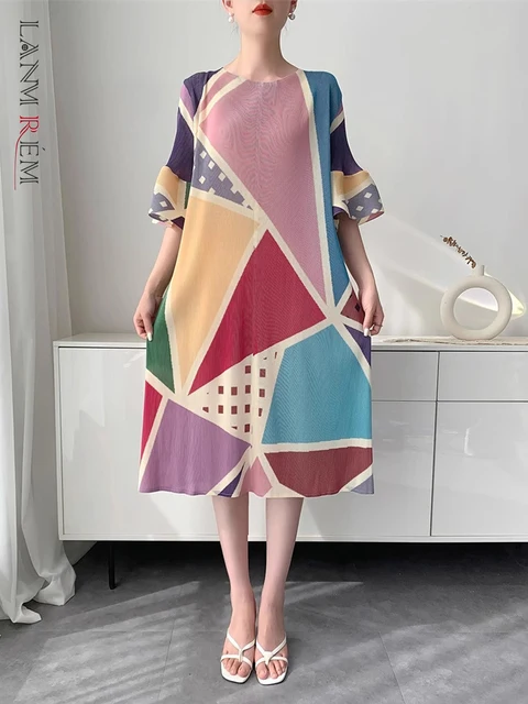 LANMREM Geometric Printting Fashion Pleated Dress Women's 2025 New Loose Causal Round Collar Half Sleeve Casual Dresses 2DB3111