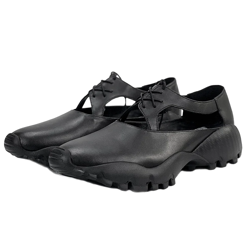 

Spring and summer new hollow sports cowhide pure black sandals fashion casual high thick soled low heel versatile large men shoe