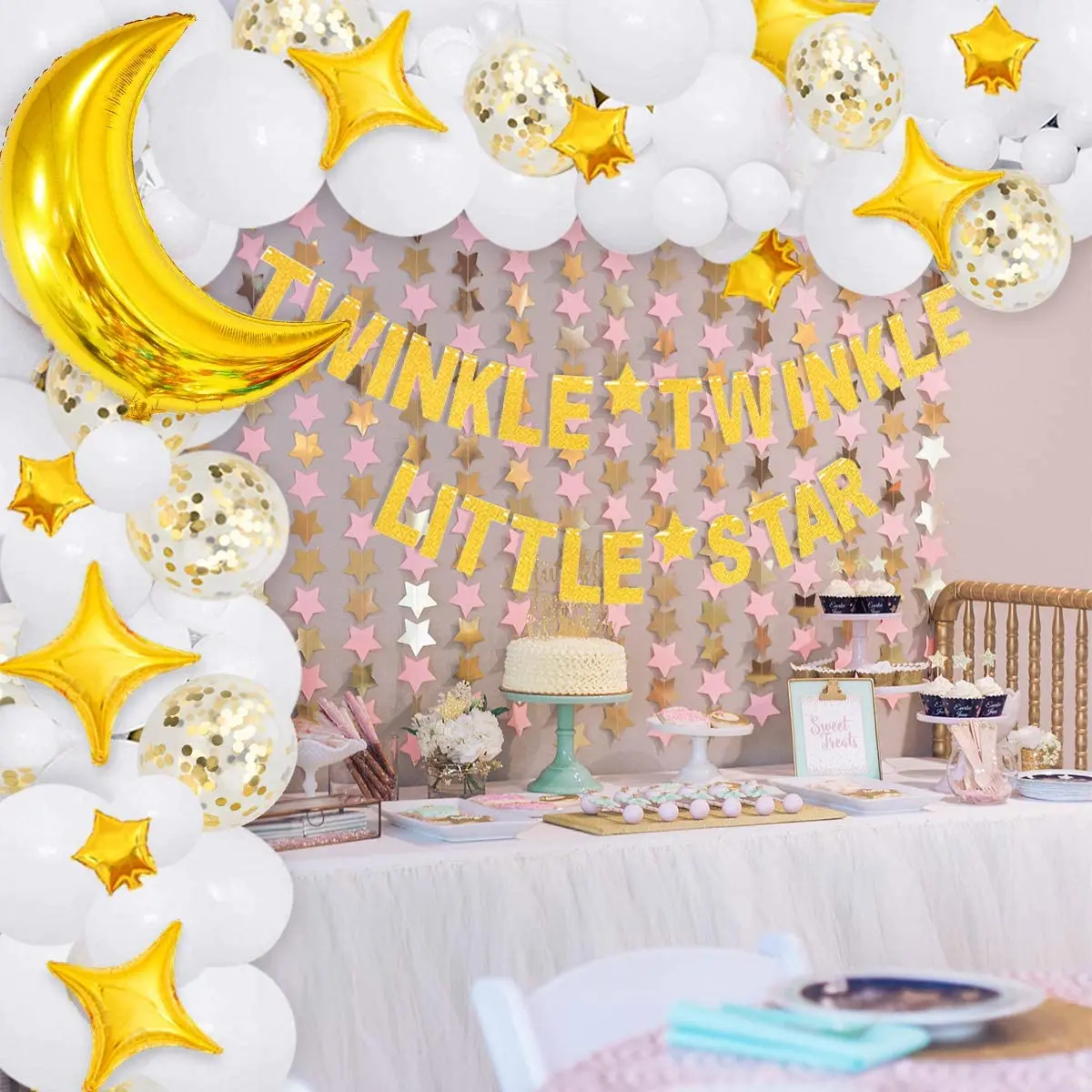 

JOYMEMO Twinkle Twinkle Little Star Baby Shower Decorations Boy Girl White and Gold Balloon Garland Arch Kit Moon Star Balloon
