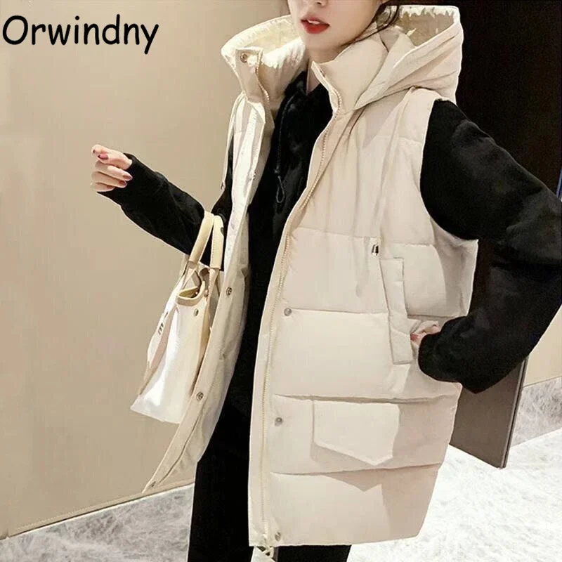 

Женский зимний теплый жилет Orwindny, модный Свободный жилет с капюшоном, зимняя одежда, утепленная куртка с хлопковой подкладкой, пальто, однотонные топы без рукавов