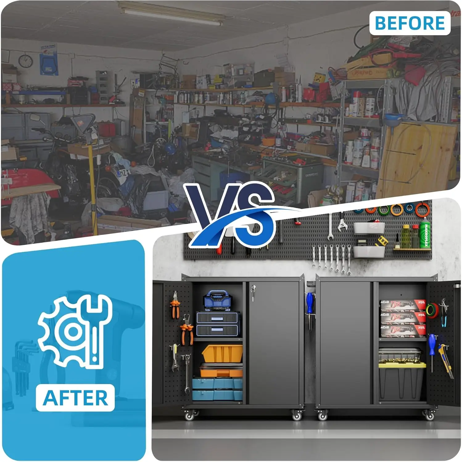 34.3 inch Lockable Metal Garage Storage Cabinet on Wheels — Black, 2‑Door Mobile Organizer 3