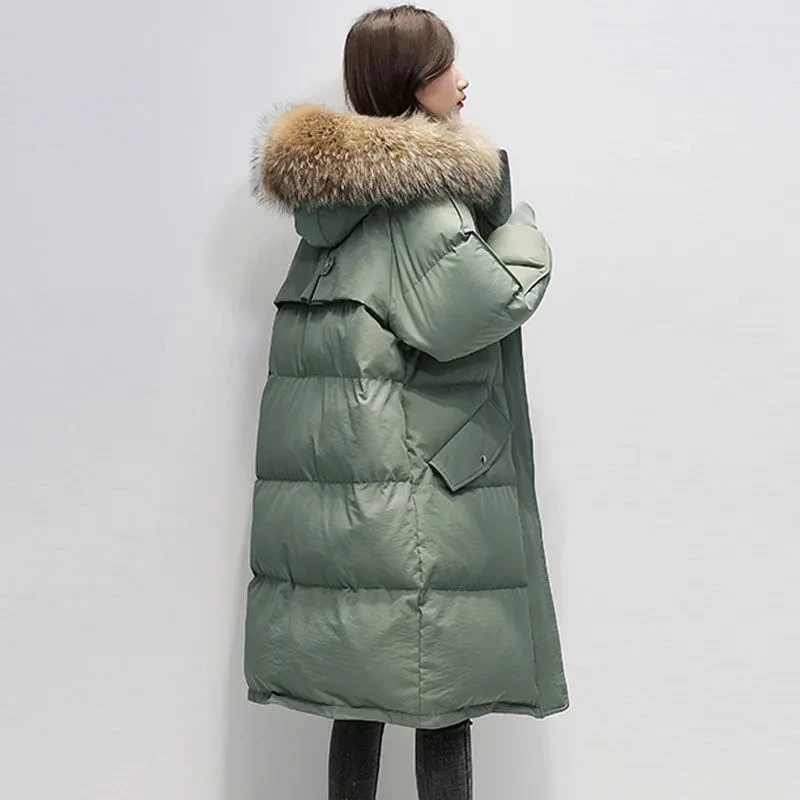 

Female 2023 Winter Hooded Fur Collar Cotton Jacket Mid-lenght Loose Oversize Warm Snow Wear Casual Parkas Korean Women Overcoat