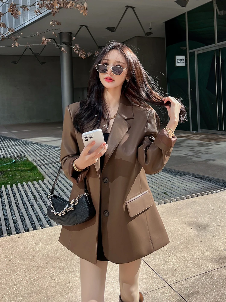 Brown PU Leather Suit Jacket Women Spring Elegant High Quality