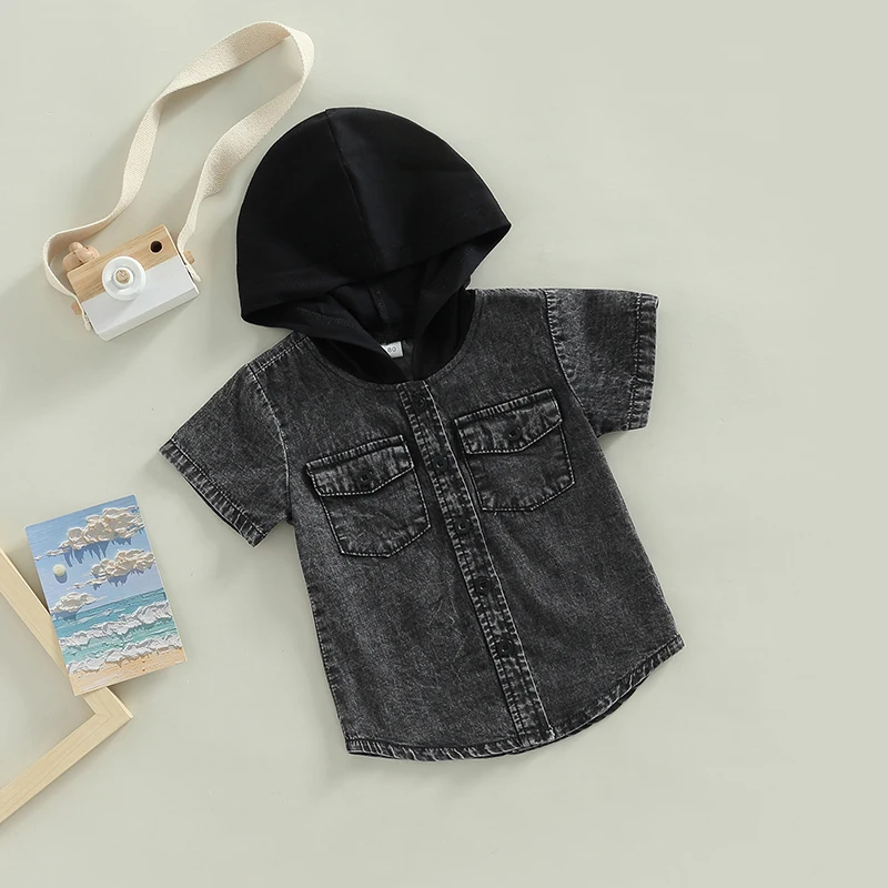 Boys Short Sleeve Hooded Shirt with Button Closure and Pockets Summer Top for Casual Daily Wear Kids Fashion Trend