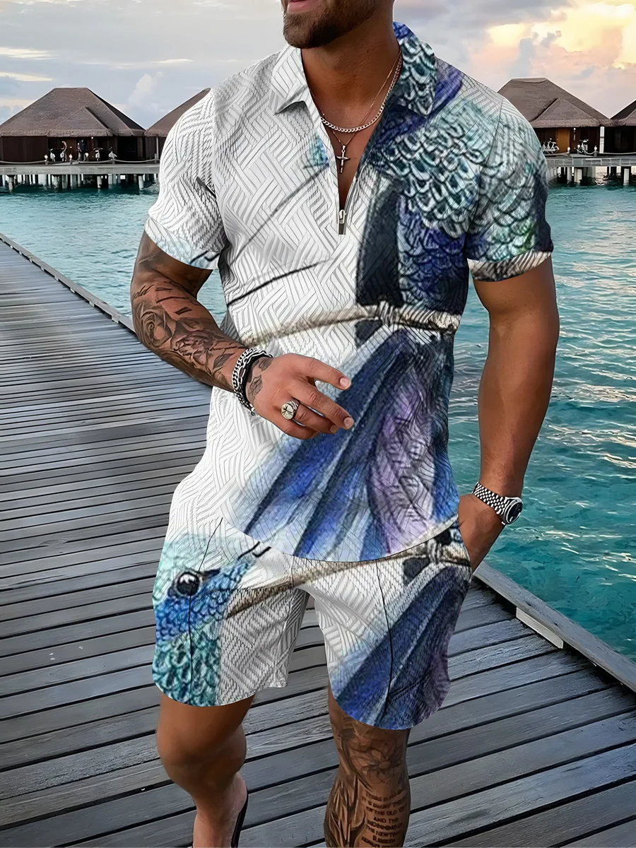 

Men's Lapel Casual Short Sleeve + Shorts Spring and Summer Graffiti Ink Painting 3D Printing Running Short Sleeve Suit