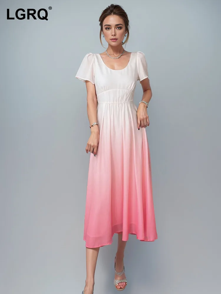 

Женское платье с контрастным градиентом LGRQ, летнее платье с коротким рукавом, круглым вырезом и высокой талией, новинка 2024, одежда 19ZZ509