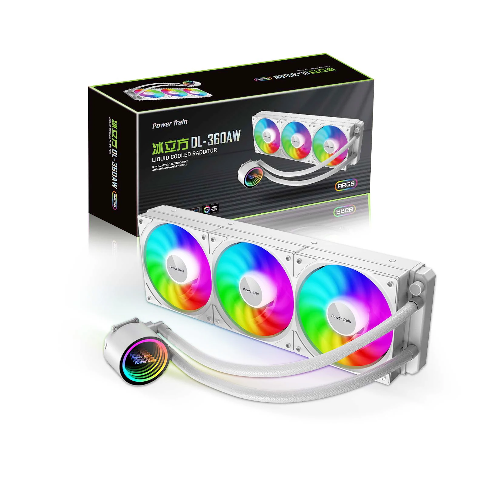 POWER TRAIN Liquid CPU Cooler DL360A, White Black ARGB, All In One Water Cooling Radiator, 5V 3PIN ARGB Fan, CPU Liquid Cooler - Image 2