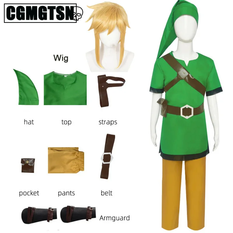 

CGMGTSN Детский костюм для косплея Zelda Link с зеленой рубашкой, брюками и париком, одежда для Хэллоуина и карнавала для взрослых