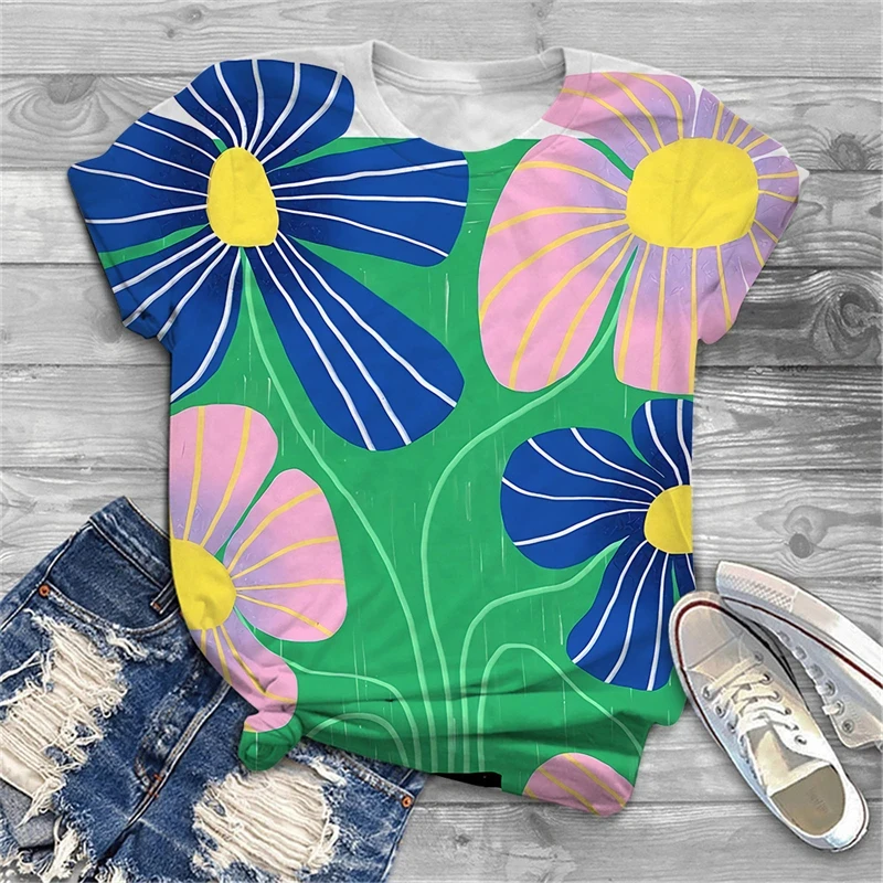 

Summer New Women's Short Sleeve Tops Street Fashion Casual Colorful Flowers Print Crew Neck Harajuku T-Shirt Womens Clothes Tees