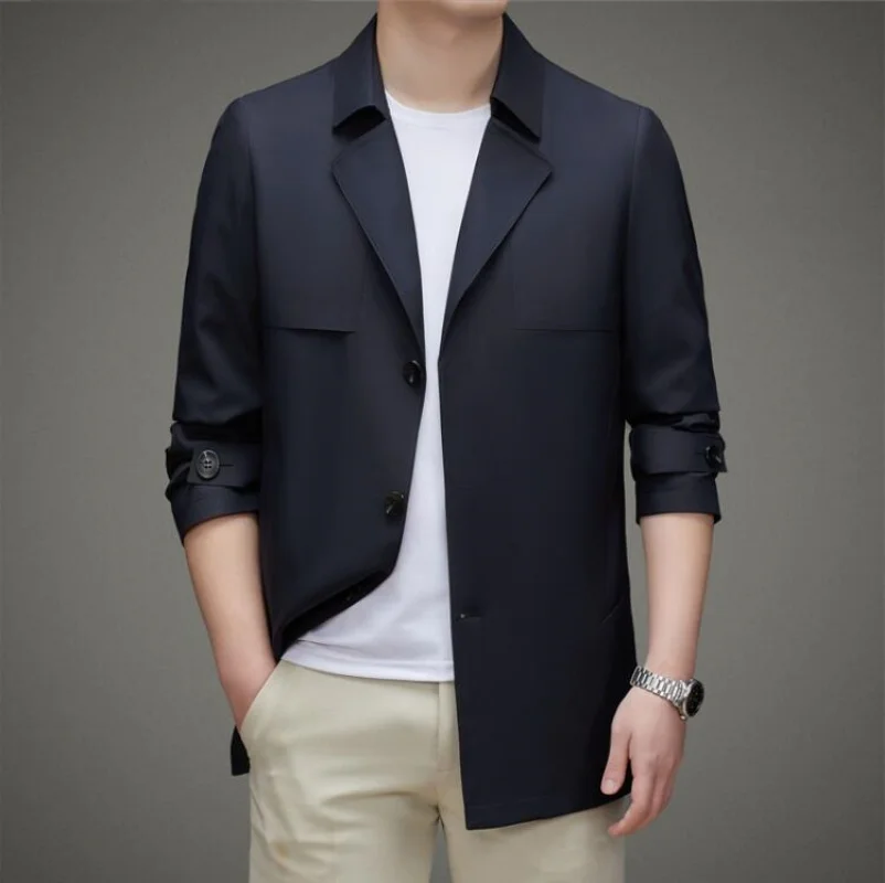 Spring Fall Men's Clothing Trench Coat Lapel Single Breasted Straight Business Casual Youth Youth Popular Style Jacket Men