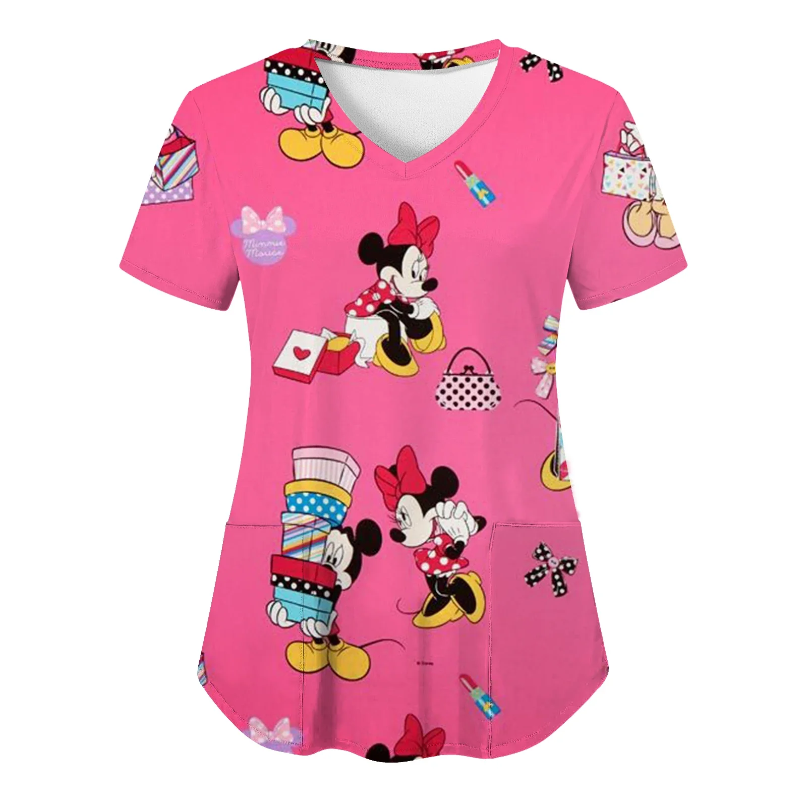 Miniso Minnie Mouse T-shirts V Neck Woman Clothes Hospital Tops Disney Top Women 2024 Nurse Uniform T-shirt Pocket Summer Tees 4