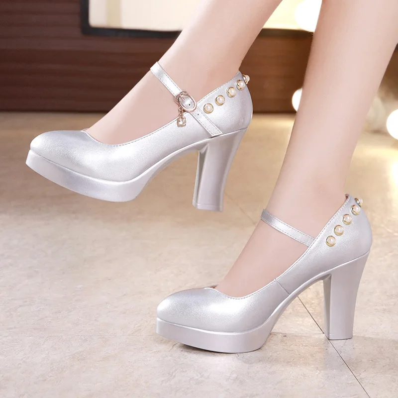 

33-43 Pearl Platform Pumps Women Shoes Leather Block Heels 2023 Autumn High Heel Shoes Ladies White Silver Wedding tacones muje