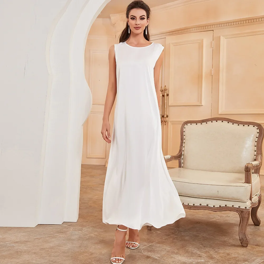 Ramadan Satin Abaya Under Dress Lining Muslim White Sleeveless Inner Slip Dresses for Women Islamic Clothes Dubai Turkey Kaftan