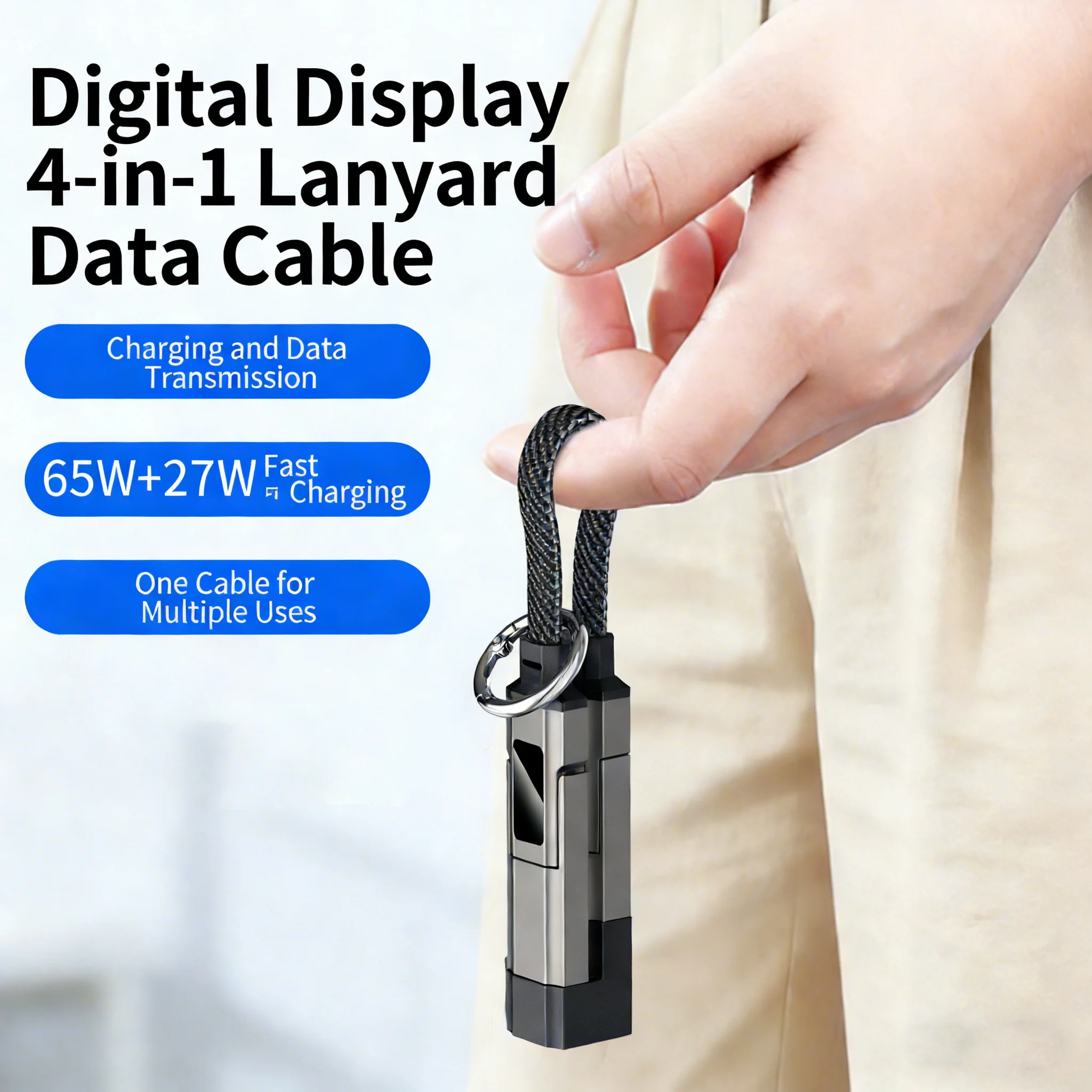 4 in 1 쇼트 타입 C 키체인 랜야드 데이터 케이블 LED 디스플레이 포함, 아이폰 17, 삼성 갤럭시 A17용 브레이디드 PD 고속 충전 코드