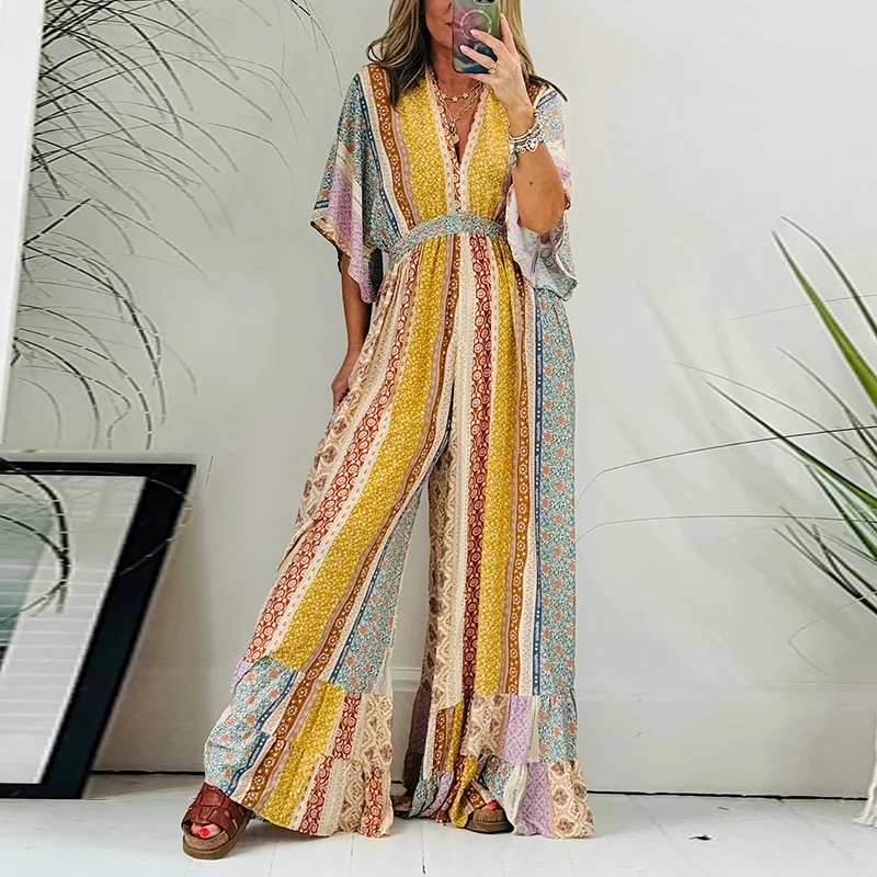 

Vintage Pattern Printed Wide Leg Jumpsuits Women Elegant V-neck Short Sleeve Romper Fashion Hight Waist Loose Ruffled Playsuits