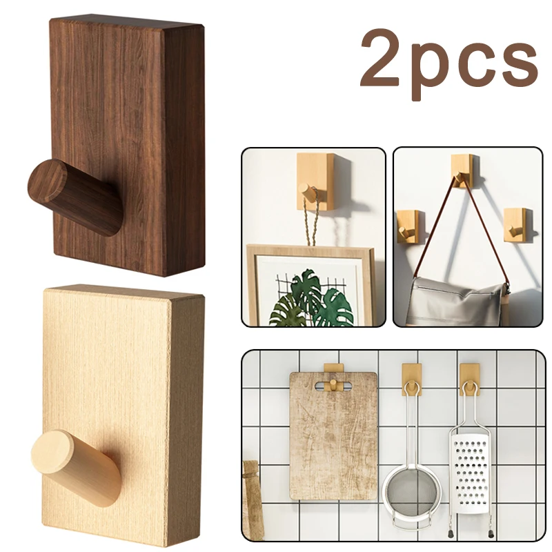 

2Pcs Wooden Hooks Nordic Style Wall Hook for Clothes Hats Hanger Self-Adhesive Multifunction Walnut Hook Wall Decoration