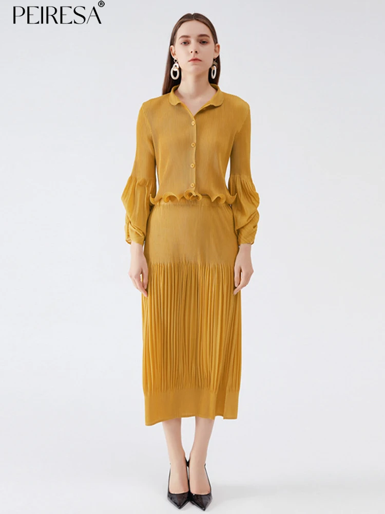 

PEIRESA Miyake Pleated Elegant 2 Piece Set For Women Ruffles Lapel Long Sleeve Tops High Waist Elastic Midi Skirt Fashion Summer