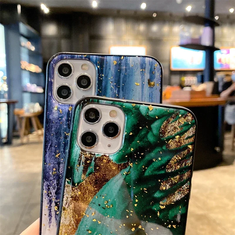 Luxurious Marble Silicone Epoxy Glitter Phone Case with Gold Foil Feather Design