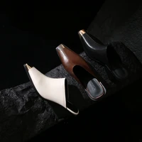 Women's New Summer Metal Headed Genuine Leather Cowhide High Heels Large Square Headed Retro Muller Slippers - Image 3