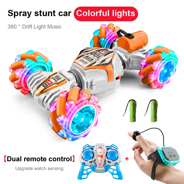 2023 Newest RC Stunt Car 2.4G Remote Control Cars RC Watch Gesture Sensor LED Rotation Gift Electronic Toy for Kids Boys - White 2Batteries